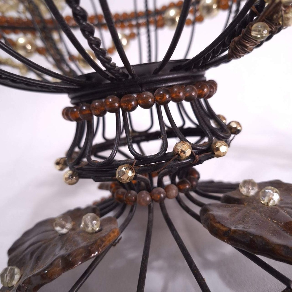 Vtg Metal Wire‎ Beaded Basket w/ Ceramic Leaves Rustic Deco Centerpiece 12.5"w - Picture 11 of 12